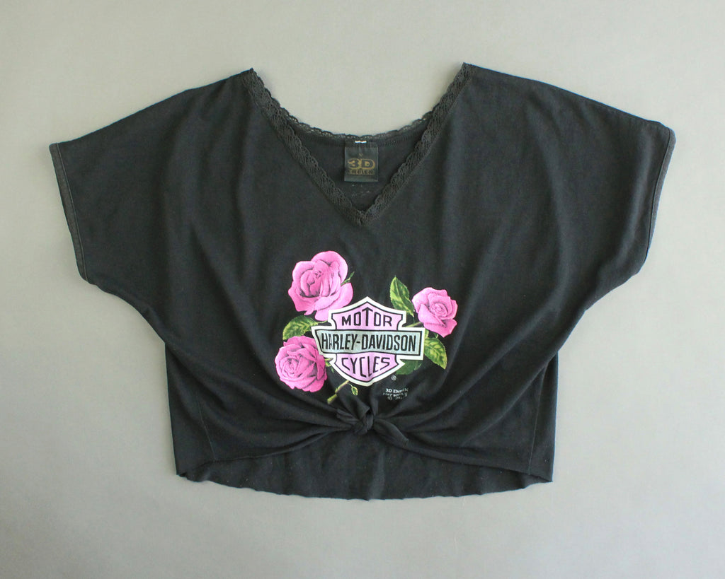 Vintage cutoff Harley shirt with pink roses women's medium 