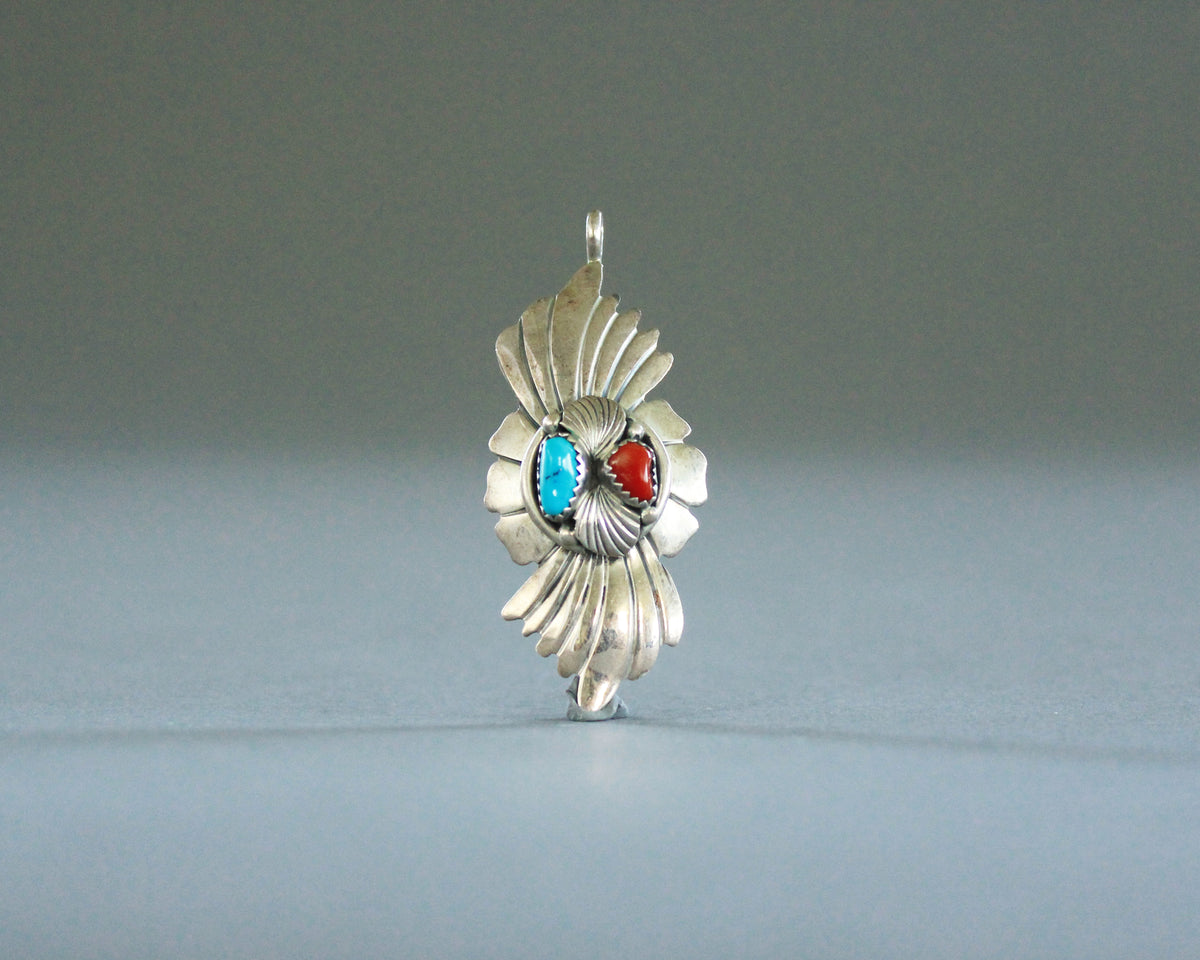 Pendentif Ethnique Argent Massif Avec Corail Et Turquoise - Style Égypte Ancienne - Occasion (voir Photos)