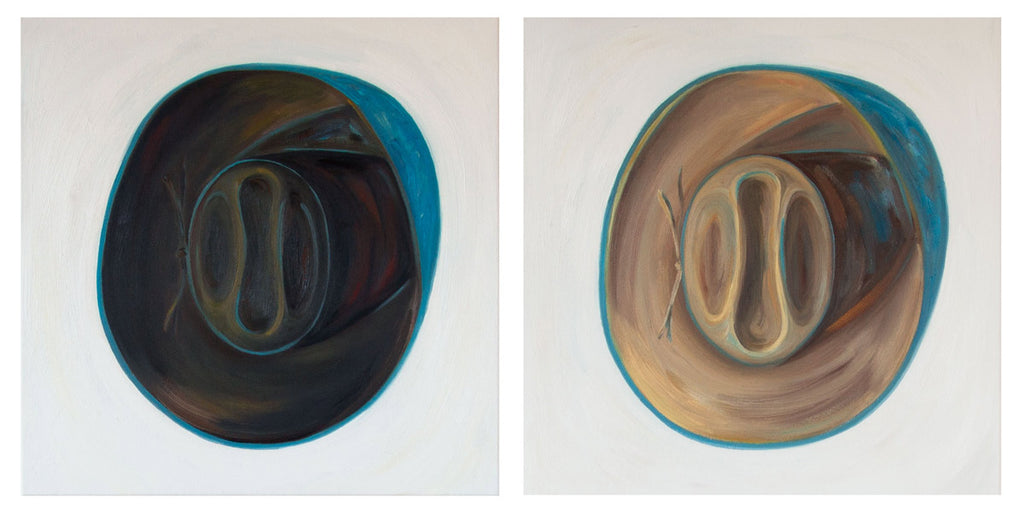 Painting of two cowboy hats - one dark and one light by Gina Teichert