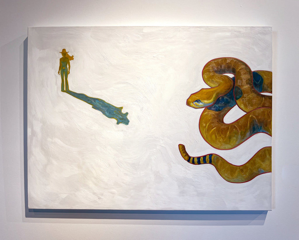Painting of a cowgirl and a rattlesnake on a white background
