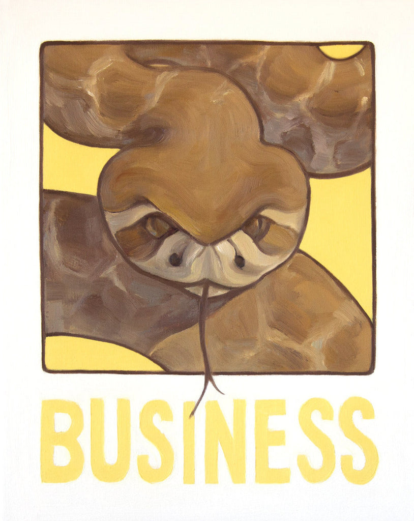 Painting of a rattlesnake with the word BUSINESS by Gina Teichert