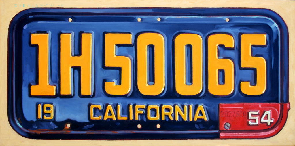 Original oil painting of a vintage California license plate, yellow text on a blue background