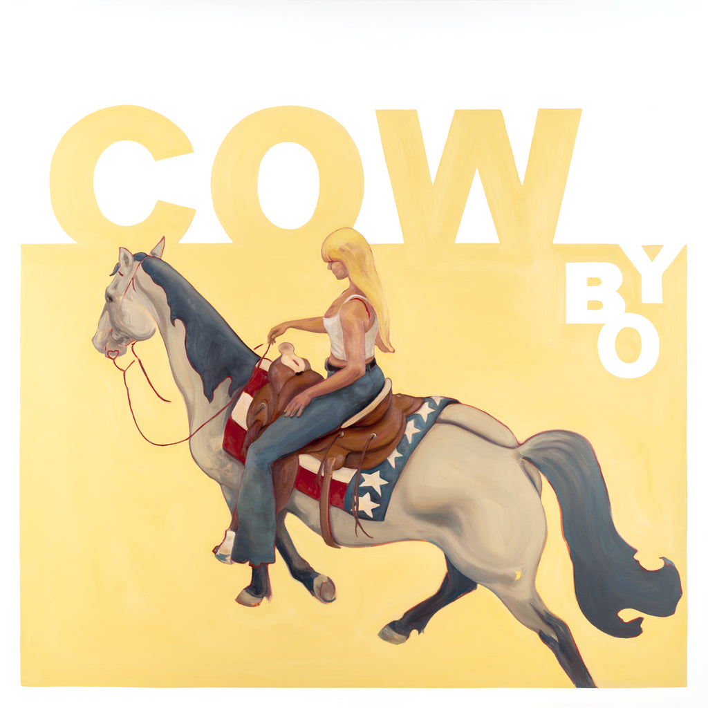 Illustration of a woman riding a horse with 'Cowboy' text on a yellow background