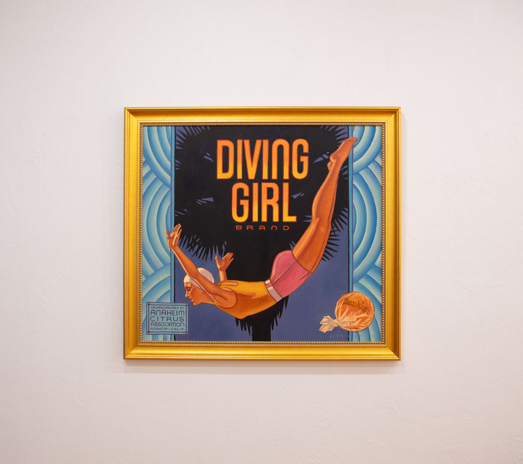 Original oil painting of a diving girl and a palm tree by Dennis Ziemienski