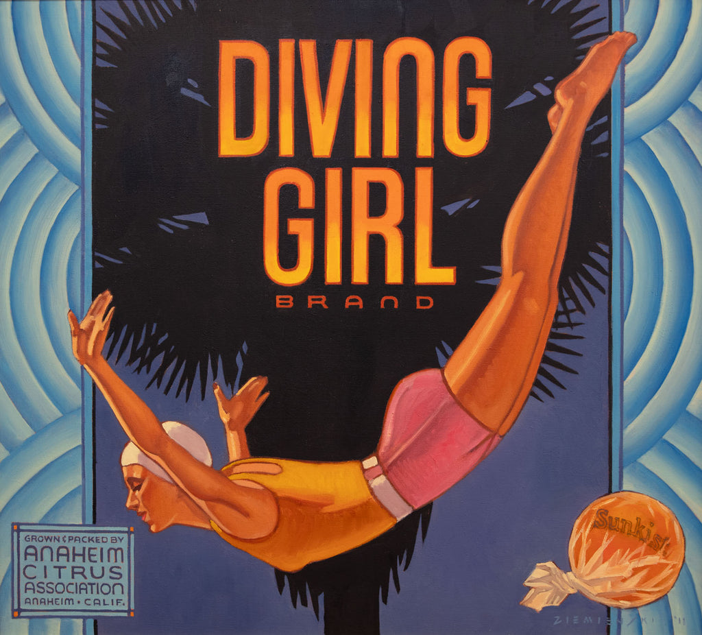 Original oil painting of a diving girl and a palm tree by Dennis Ziemienski