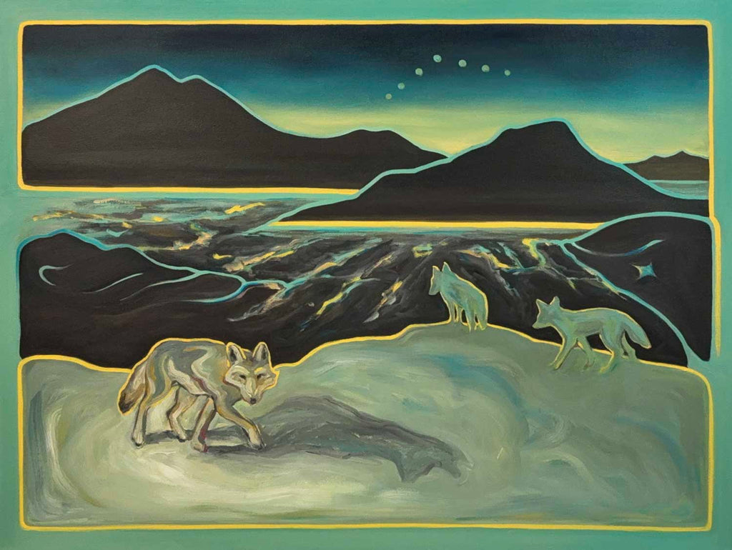 Painting of coyotes overlooking city lights with a UFO formation in the sky 