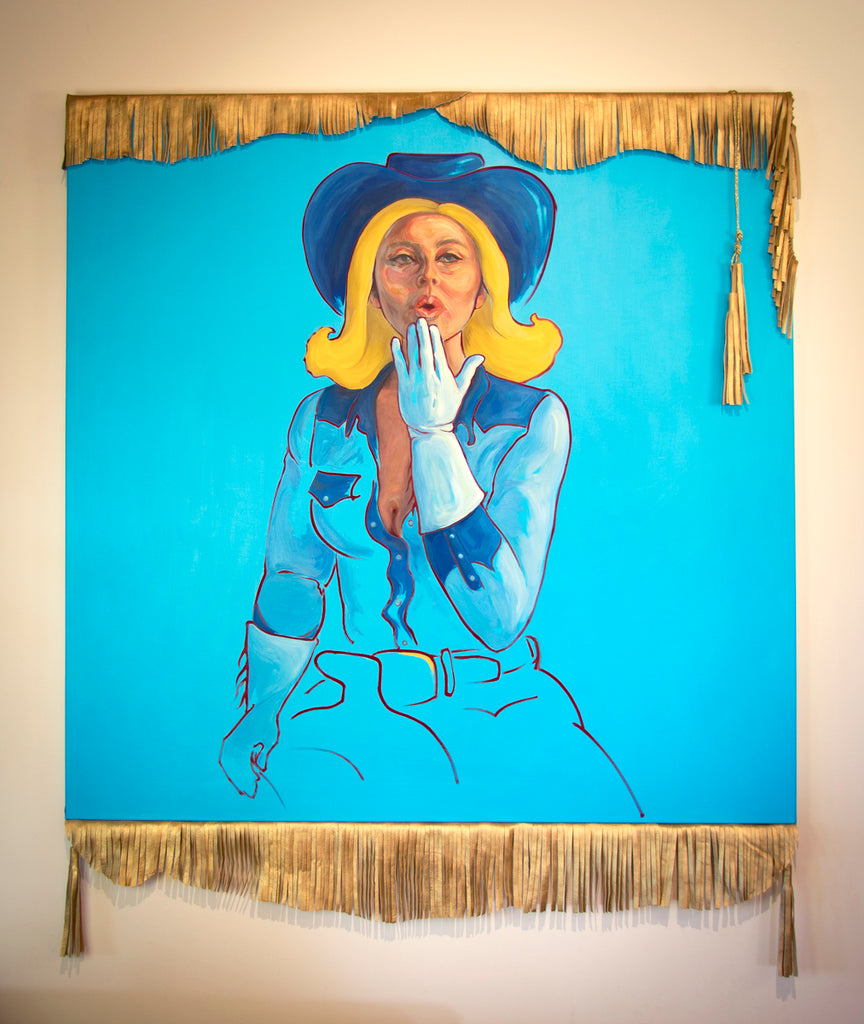 Painting of a retro cowgirl blowing a kiss with blue background and gold fringe