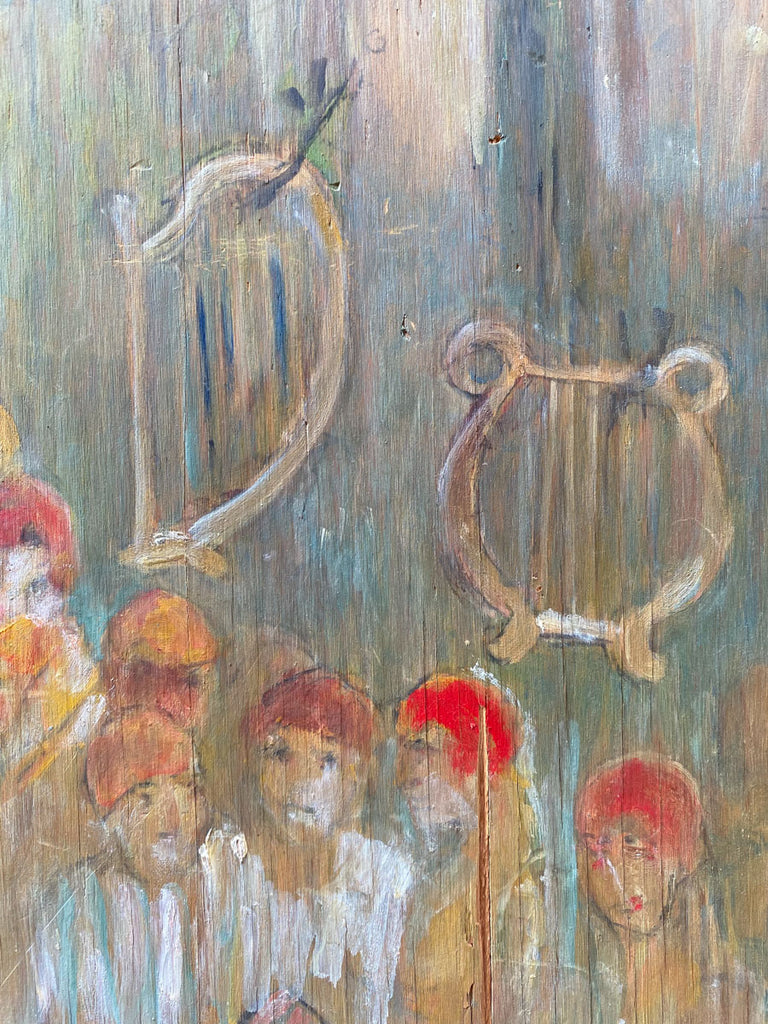 Detail of an original oil painting by Minerva Teichert on plywood featuring dancing women and harps