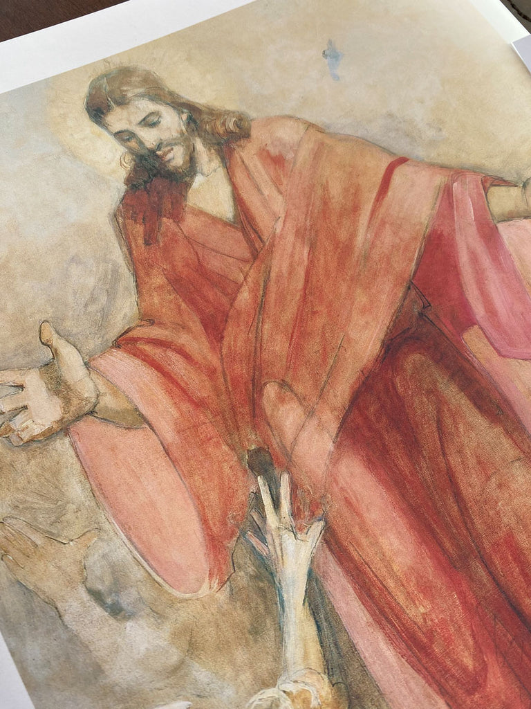 Jesus Christ in red robe painting by Minerva Teichert, detail shot