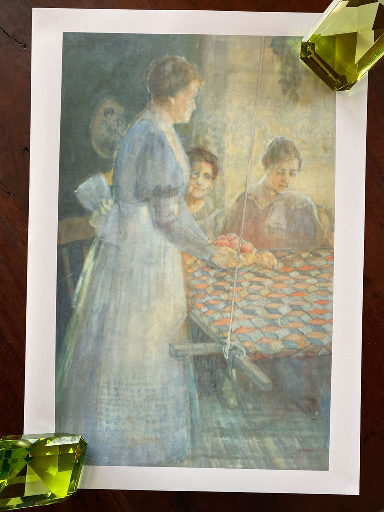 Painting of quilters by Minerva Teichert