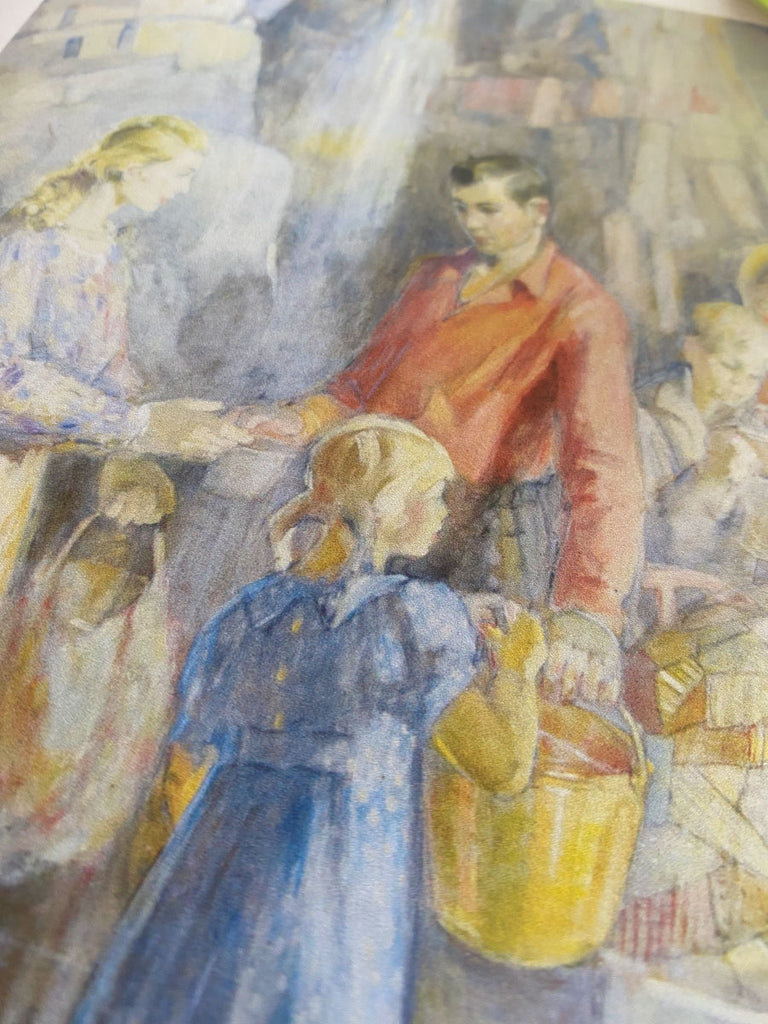 Handcart pioneers by waterfall painting by Minerva Teichert