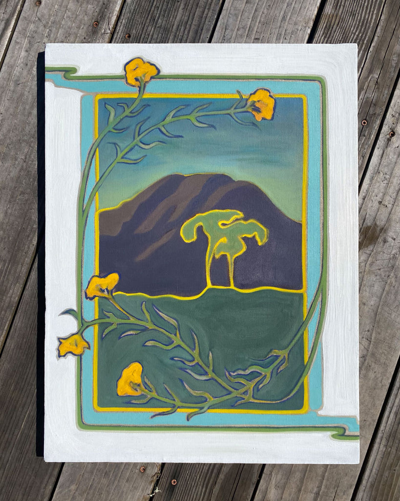 Painting of Mount Saint Helena and yellow mustard flowers 