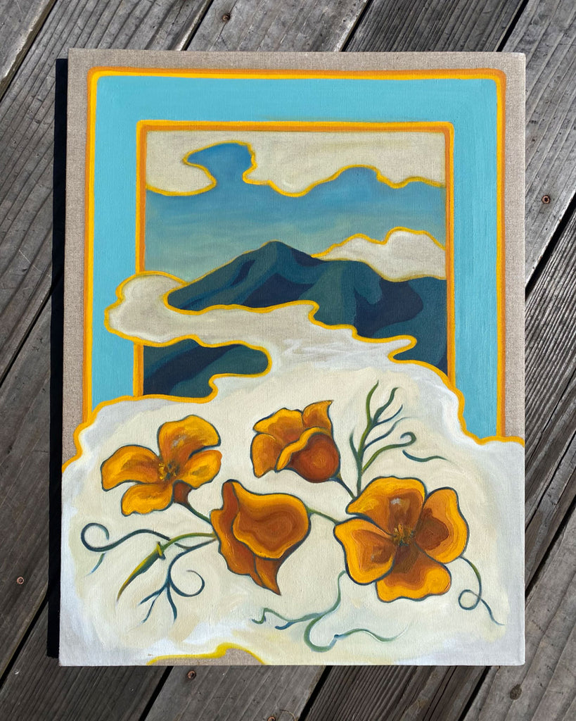 Painting of California poppies with a foggy mountain behind them and a bright blue and yellow border 