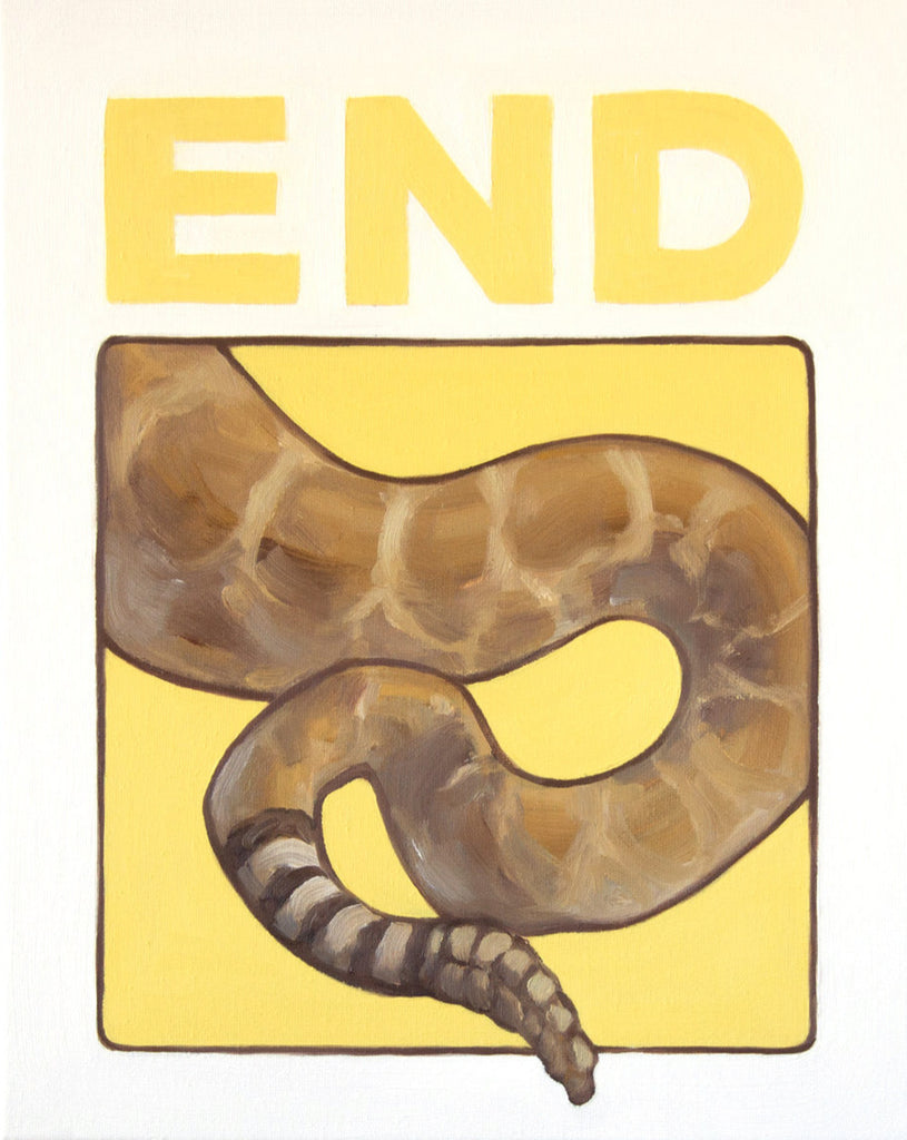Painting of a rattlesnake tale with the word END by Gina Teichert