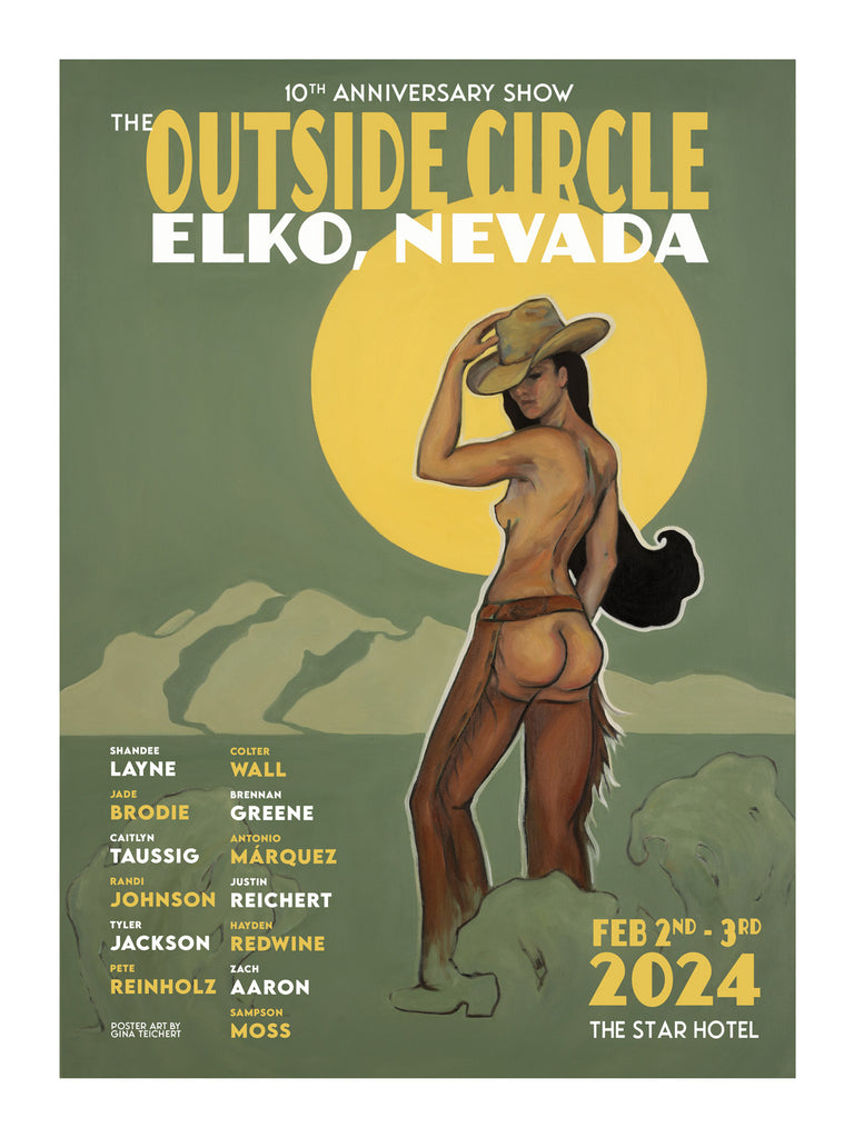 The Outside Circle 10th anniversary show poster by Gina Teichert. Pinup cowgirl in assless chaps on a sage green background with mountains and the sun.