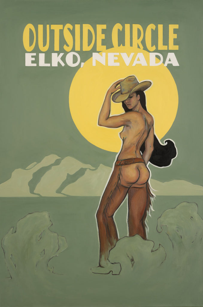 Original painting for the Outside Circle 10th anniversary show poster by Gina Teichert. Pinup cowgirl in assless chaps on a sage green background with mountains and the sun.