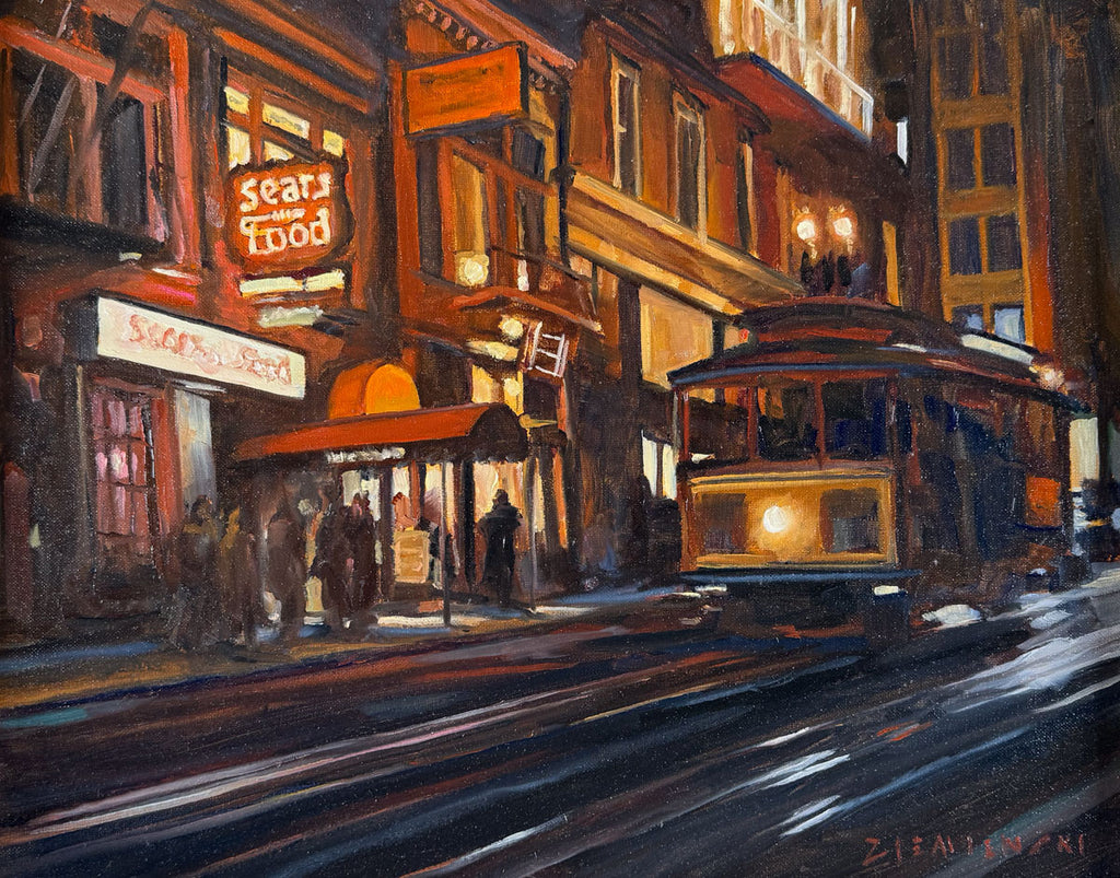 Painting of San Francisco at night with a trolley and neon signs