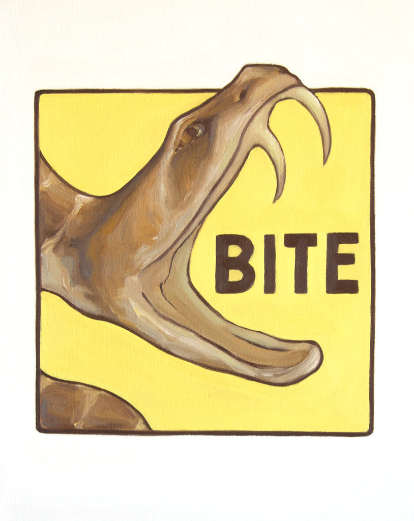 Painting of a rattlesnake's fangs with the word BITE by Gina Teichert