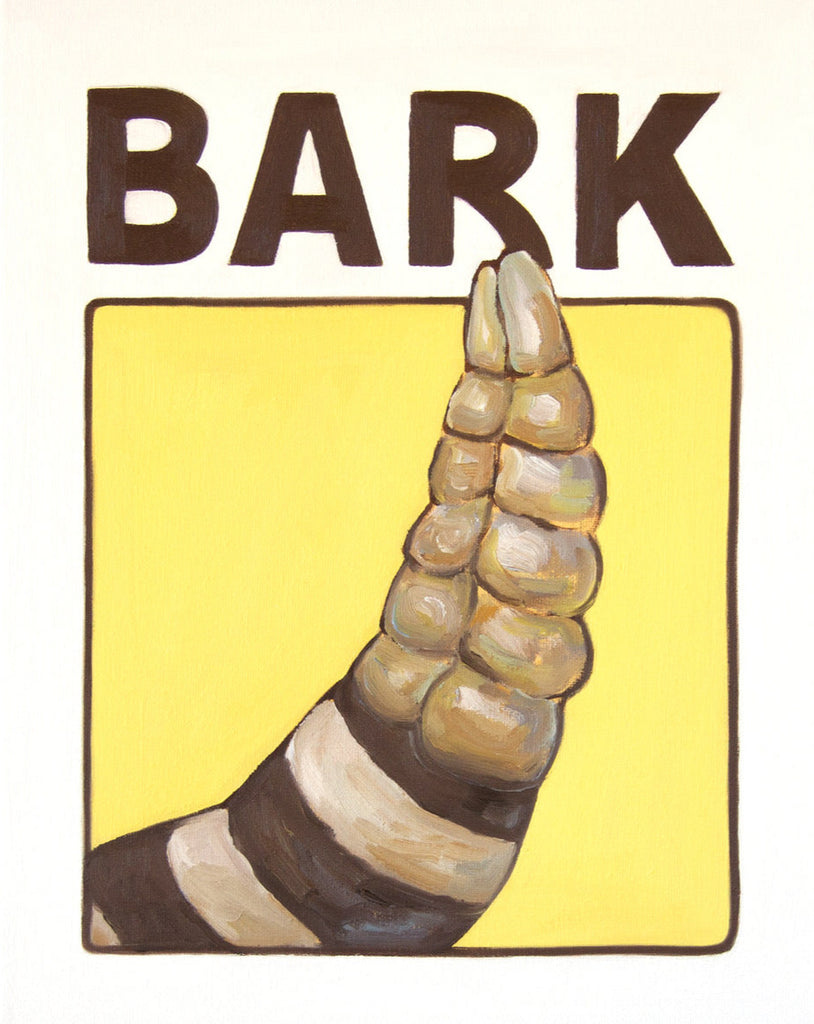 Painting of a rattlesnake tail with the word BARK by Gina Teichert