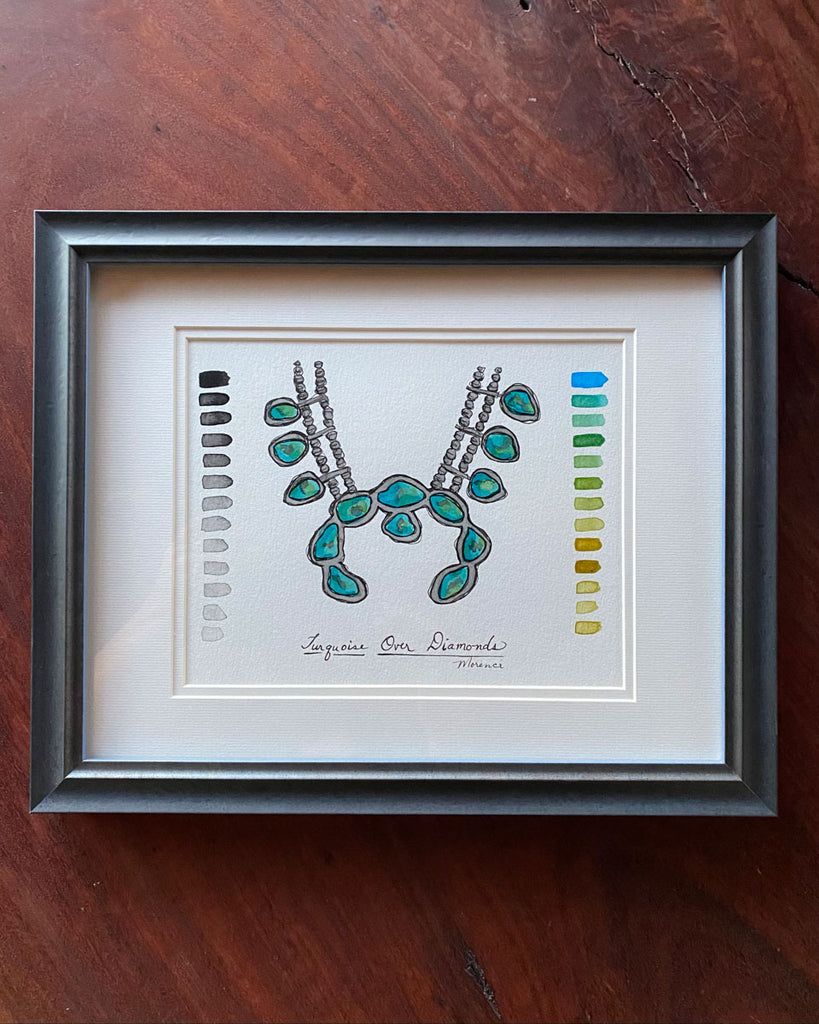 Framed painting of a squash blossom with the words turquoise over diamonds