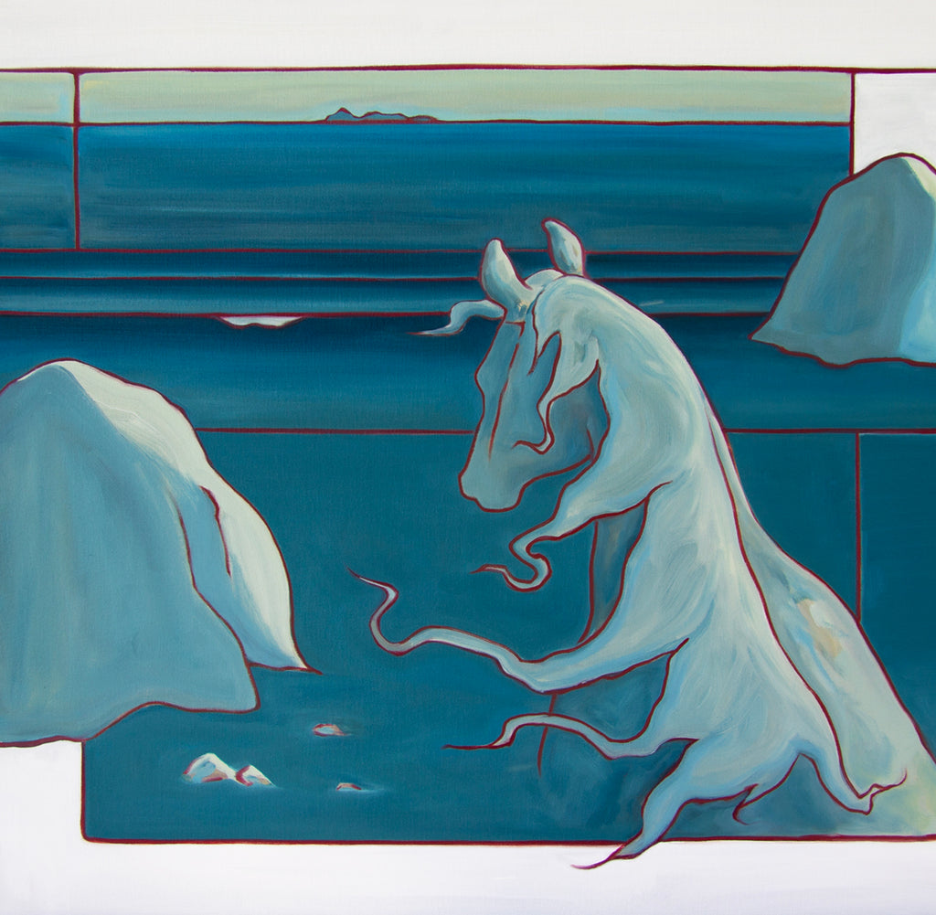 Painting of a horse overlooking a cliff with breaking waves