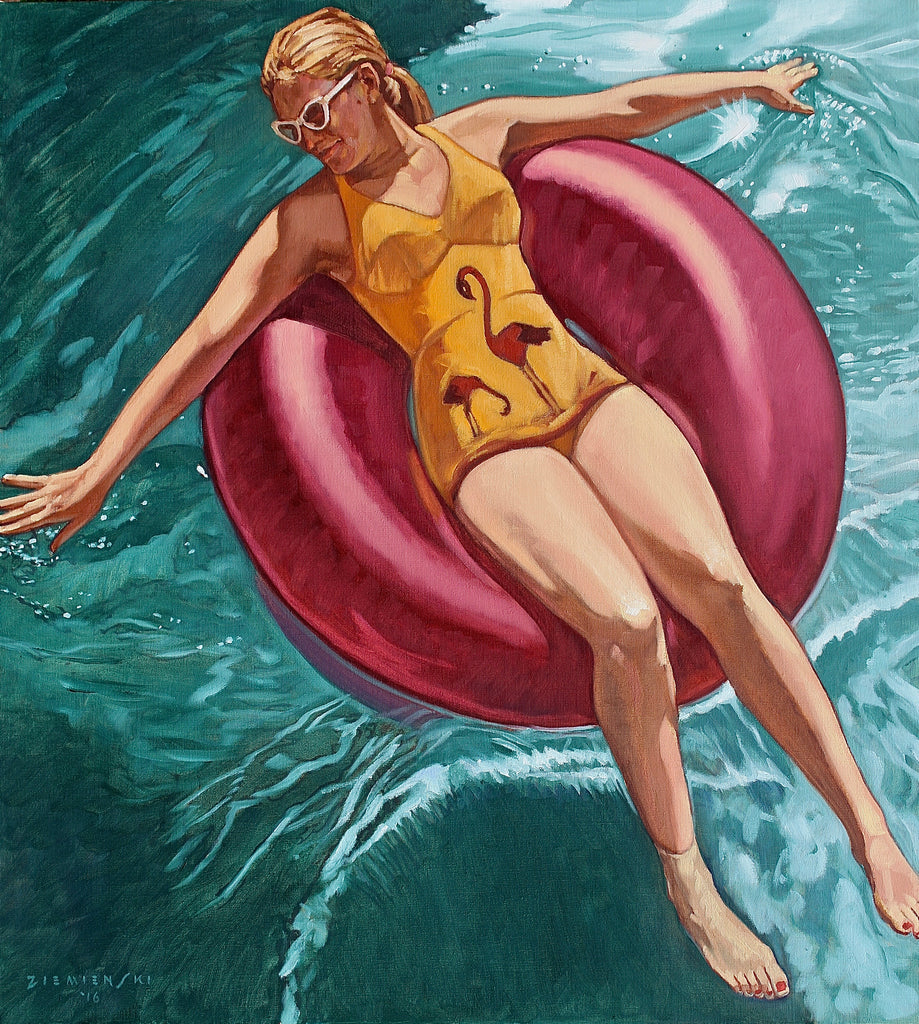 Painting of a woman in a yellow swimsuit on a pink inner tube in the swimming pool 