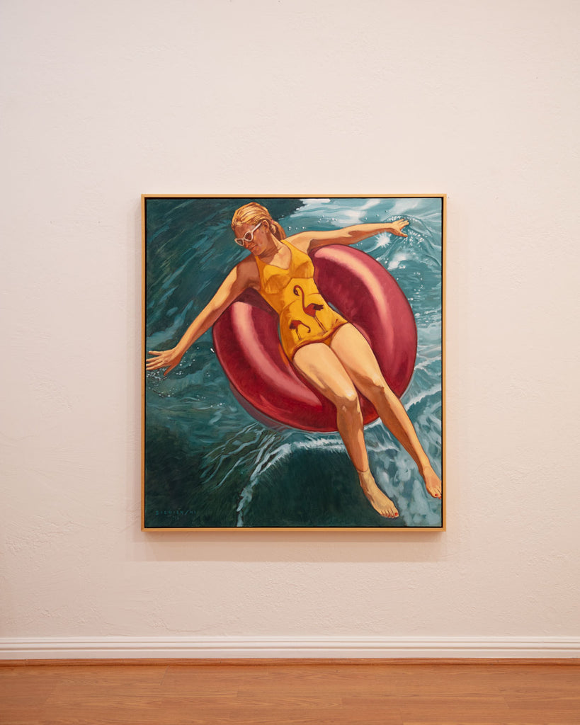 Painting of a woman in a yellow swimsuit on a pink inner tube in the swimming pool 