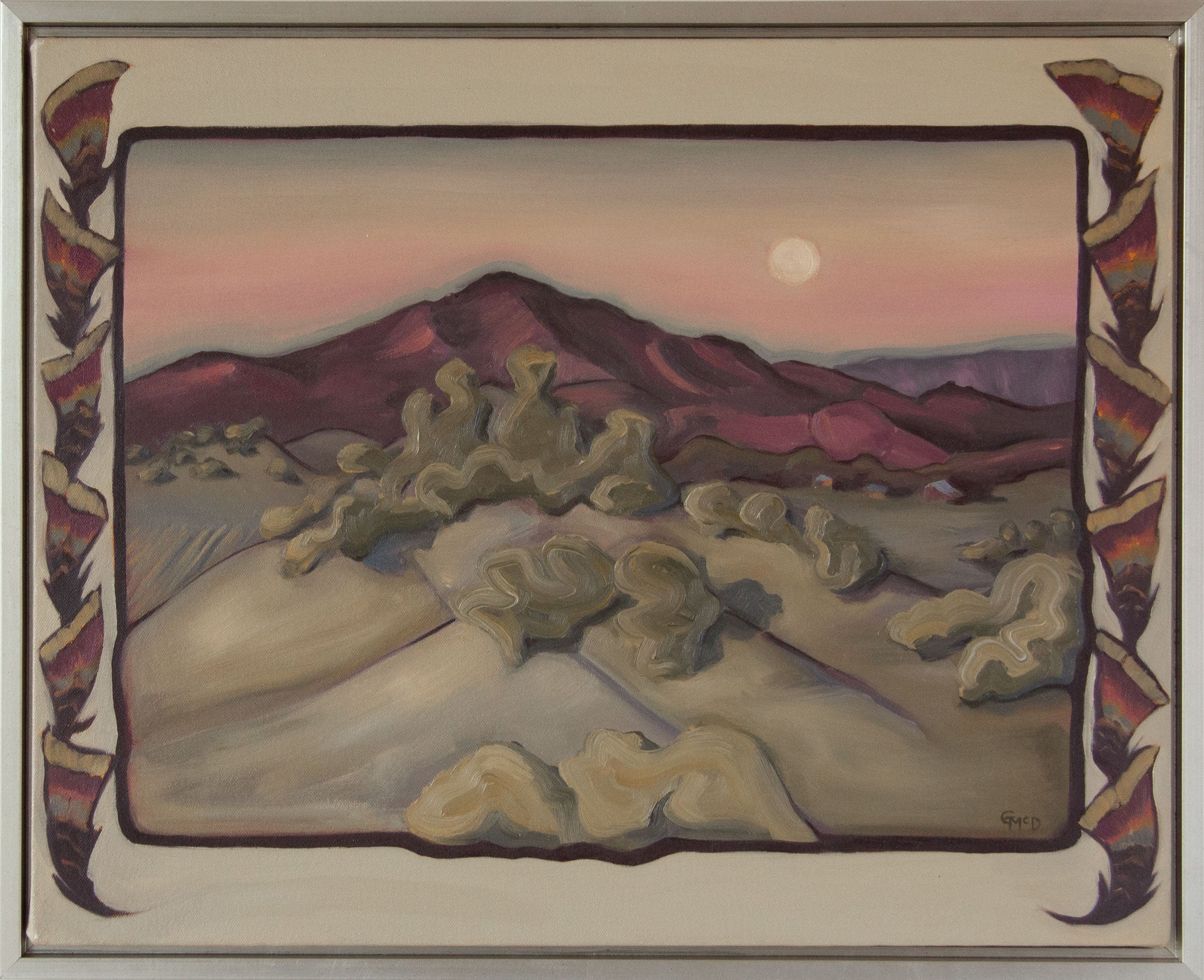 Moonrise red hills painting | Gina Teichert | Turkey feather border