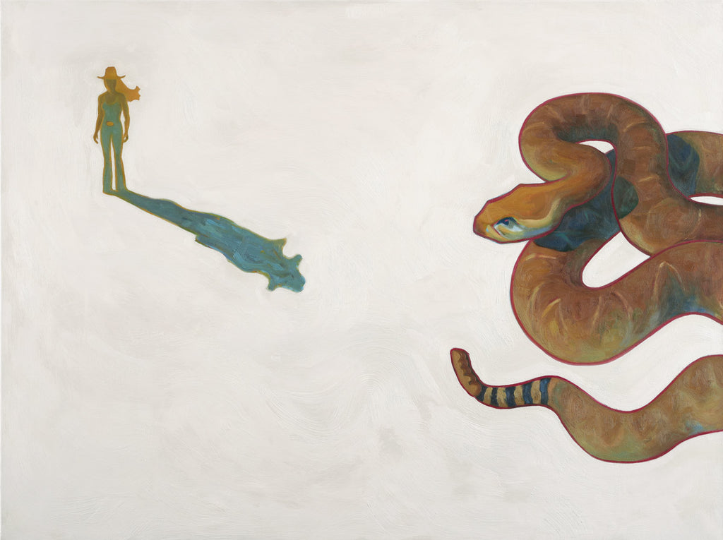 Cowgirl and a rattlesnake painting on a white background
