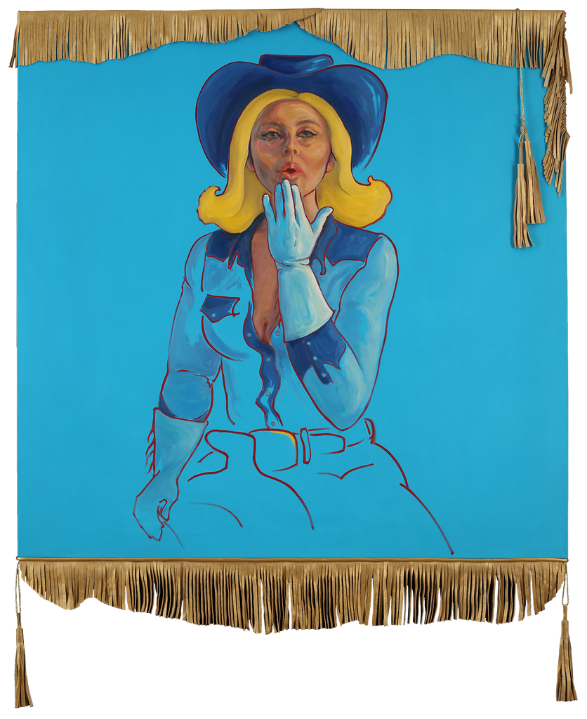 Painting of a retro cowgirl blowing a kiss with blue background and gold fringe
