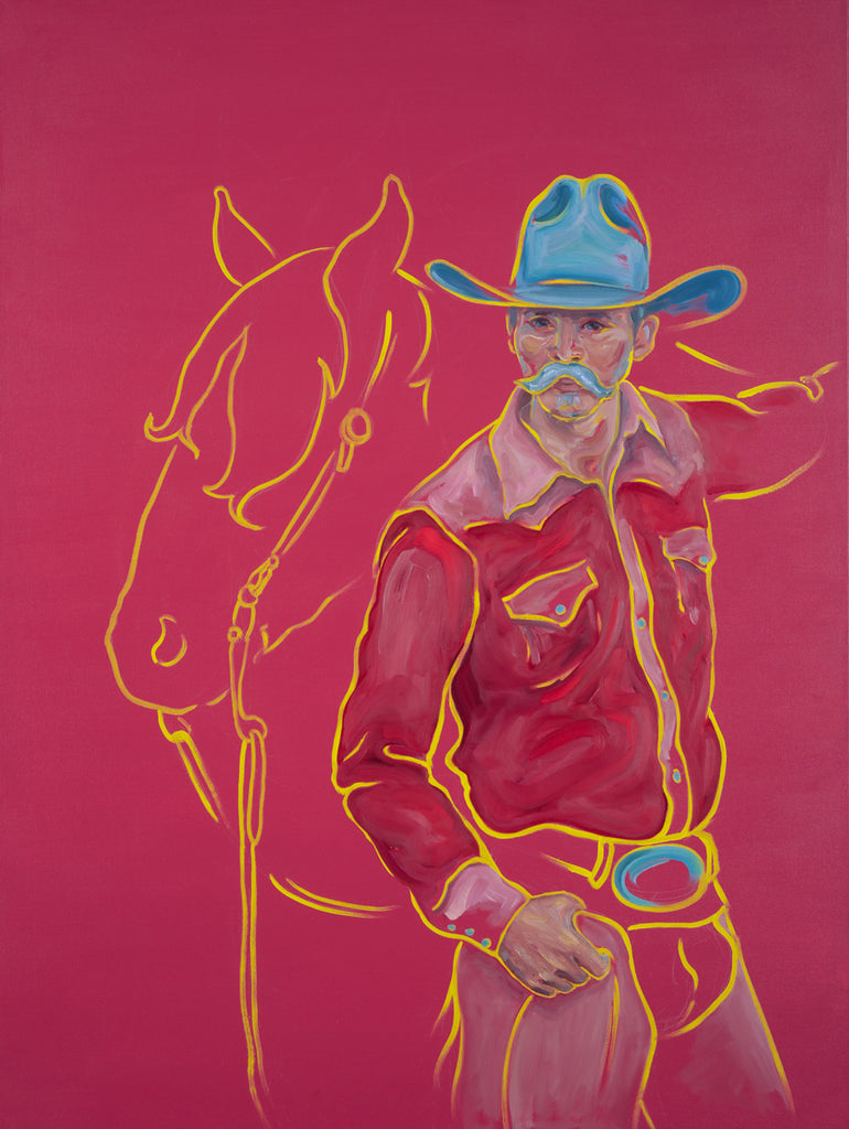 Colorful illustration of a cowboy and horse on a hot pink background