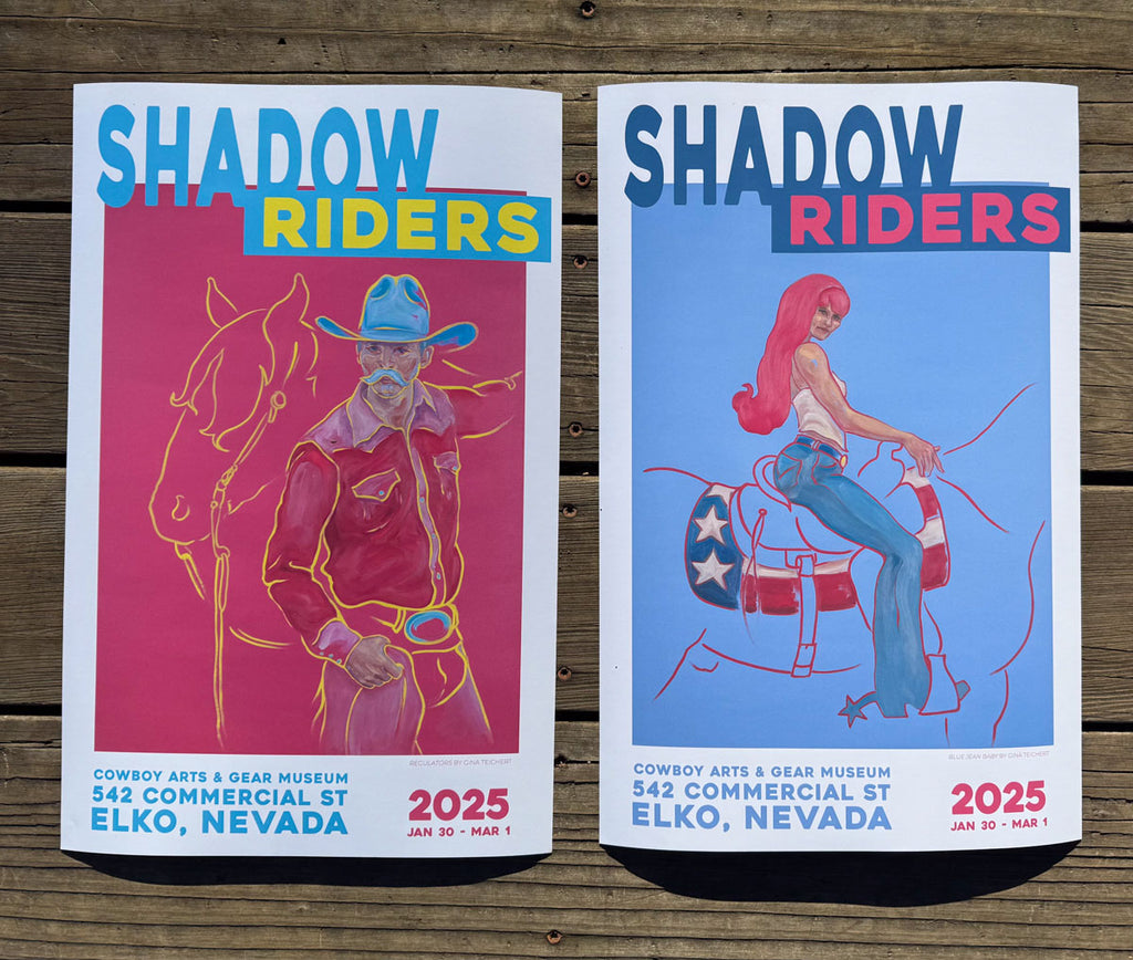 two posters for the Shadow Riders art show one with a cowboy in pink and the other with a cowgirl in purple