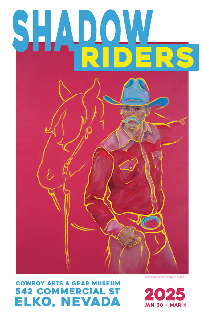 Poster with a cowboy and horse in hot pink
