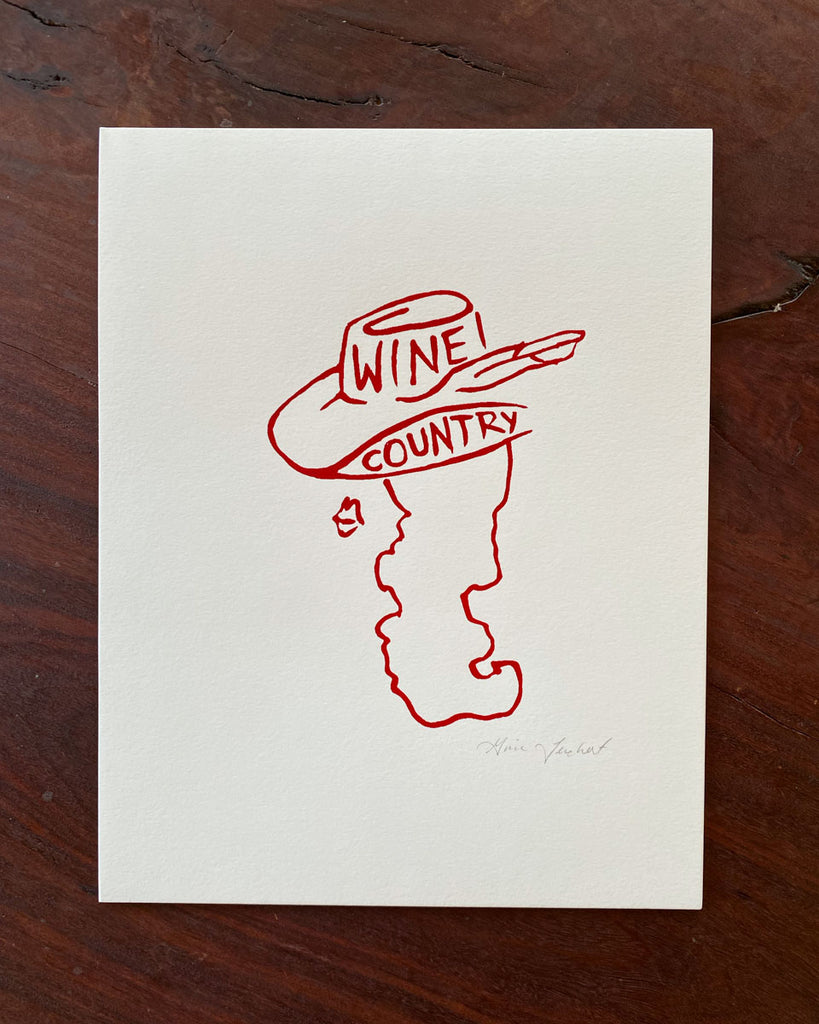 Illustration of a cowgirl with the words wine country inside her hat - red