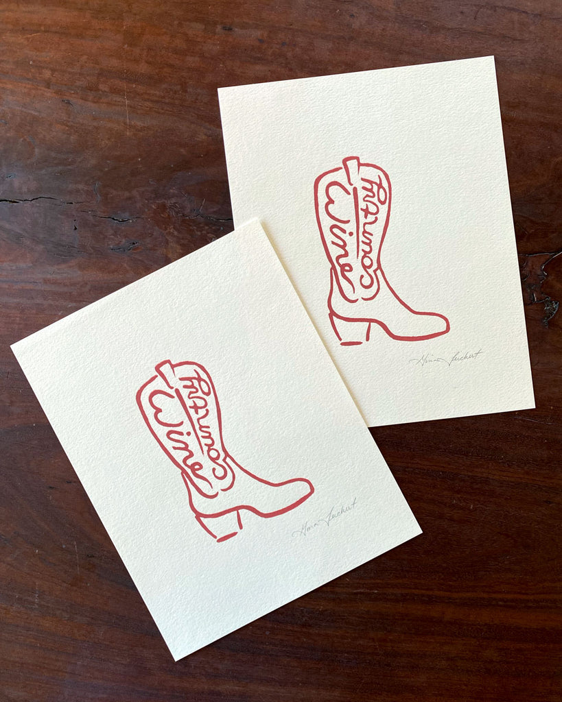 Illustration of a cowboy boot with the words wine country in cursive - two screenprints side by side