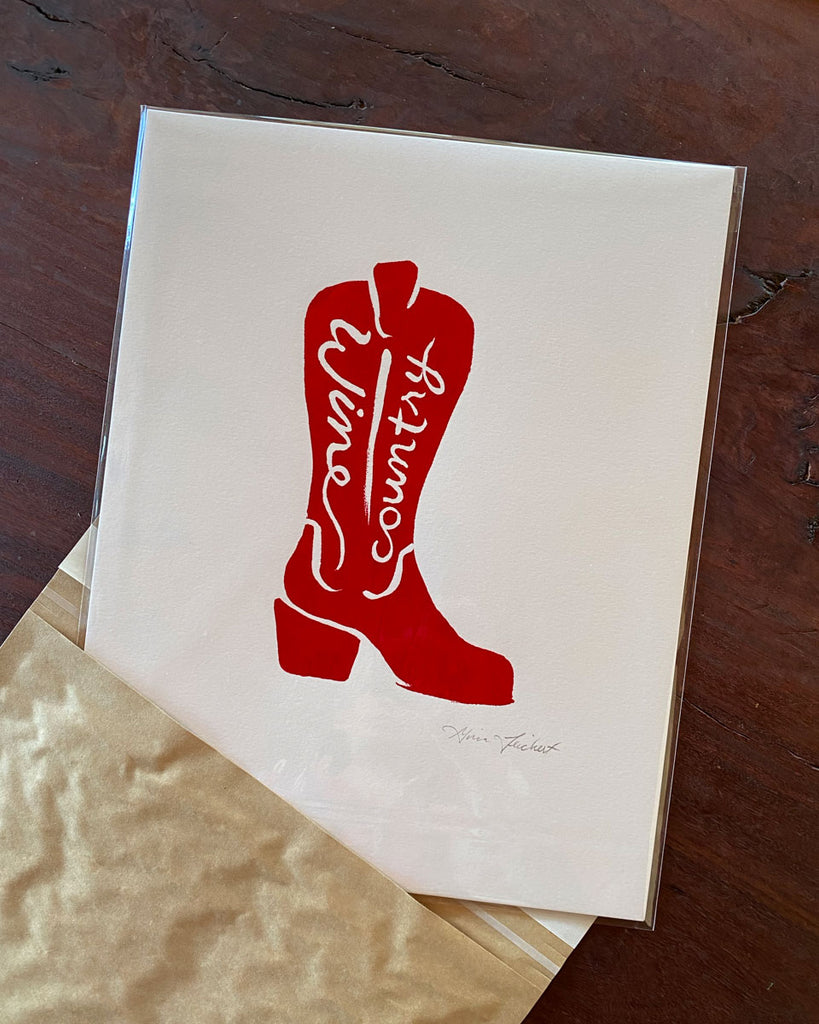 Illustration of a cowboy boot with the words wine country inside - red