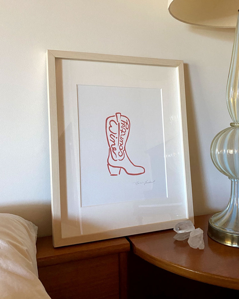 Wine country screenprint of a cowboy boot by Gina Teichert in a shadowbox frame