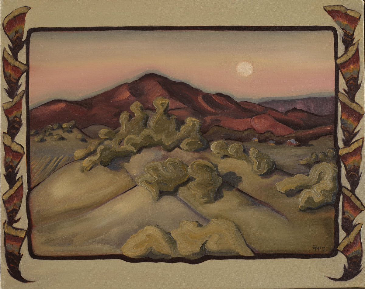 Moonrise red hills painting | Gina Teichert | Turkey feather border