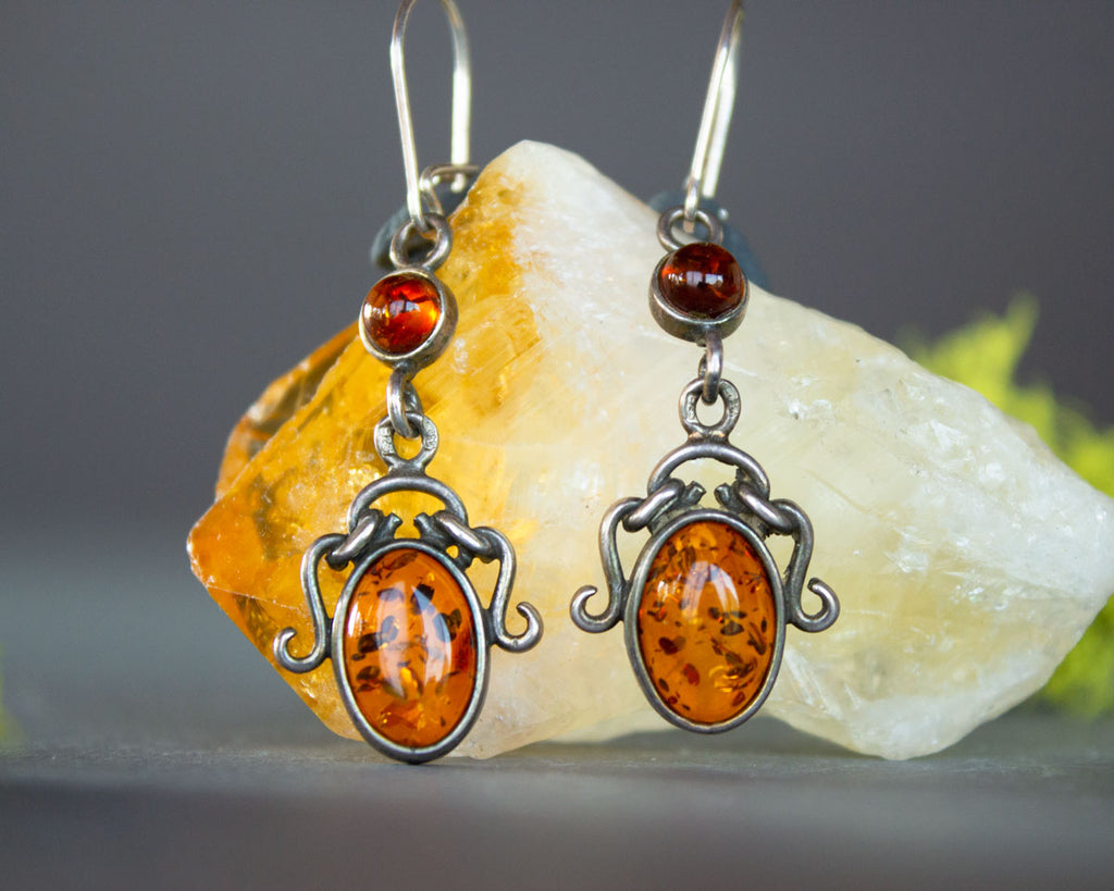 Amber and sterling silver dangle earrings