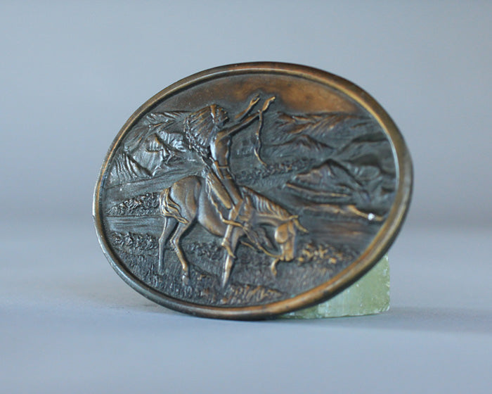 Indian chief on horse brass belt buckle 