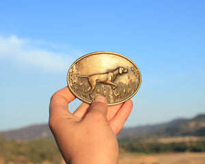 Hunting dog belt buckle brass