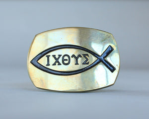 Brass Jesus fish belt buckle Greek letters