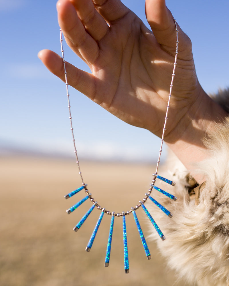 Bright blue opal fan necklace Native American