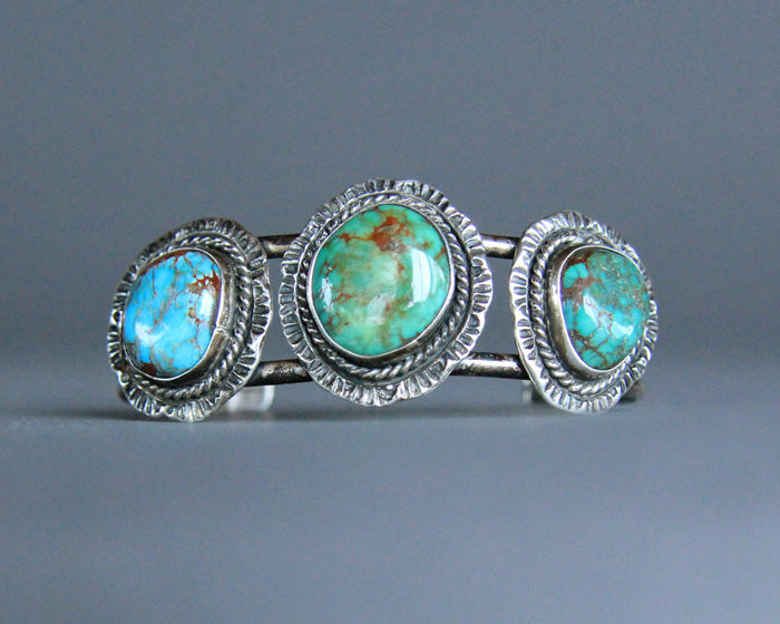 Vintage turquoise and silver bracelet, 3 stones with brown matrix
