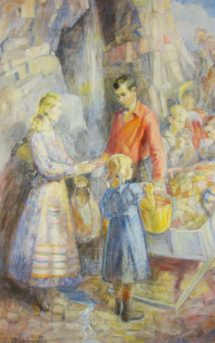 Pioneers by Waterfall Painting | Minerva Teichert ™ | Semi-gloss print – High Desert pioneers-by-waterfall-painting-minerva-teichert-semi-gloss-print-high-desert