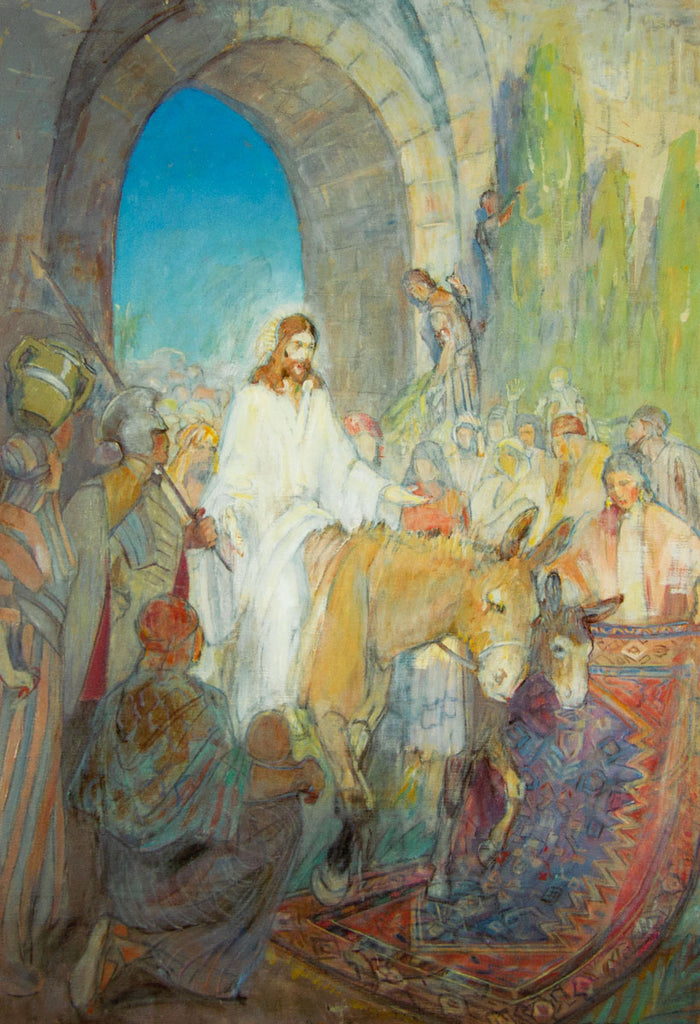 Jesus Christ ridign a donkey by Minerva Teichert
