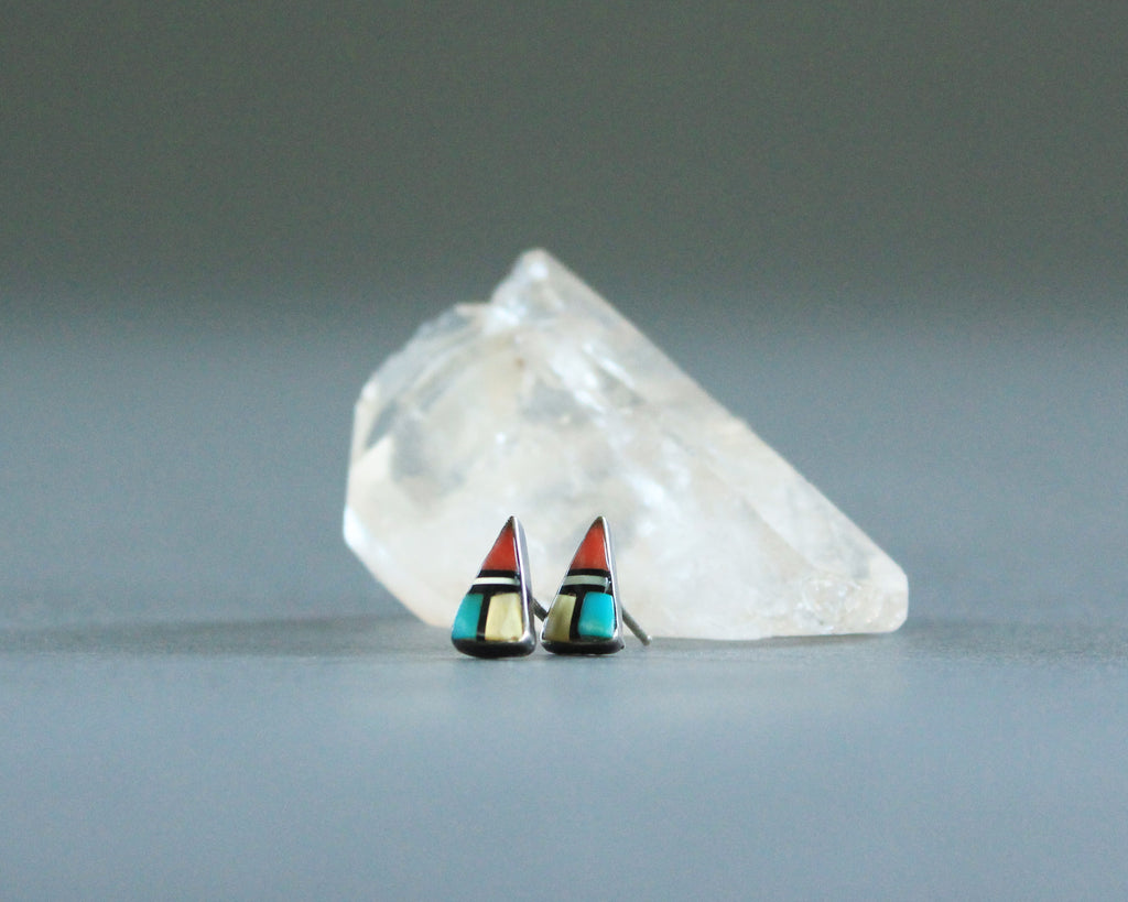zuni inlay post earrings turquoise coral