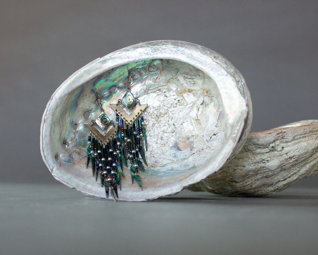 Abalone earrings with beaded fringe and sterling silver detail