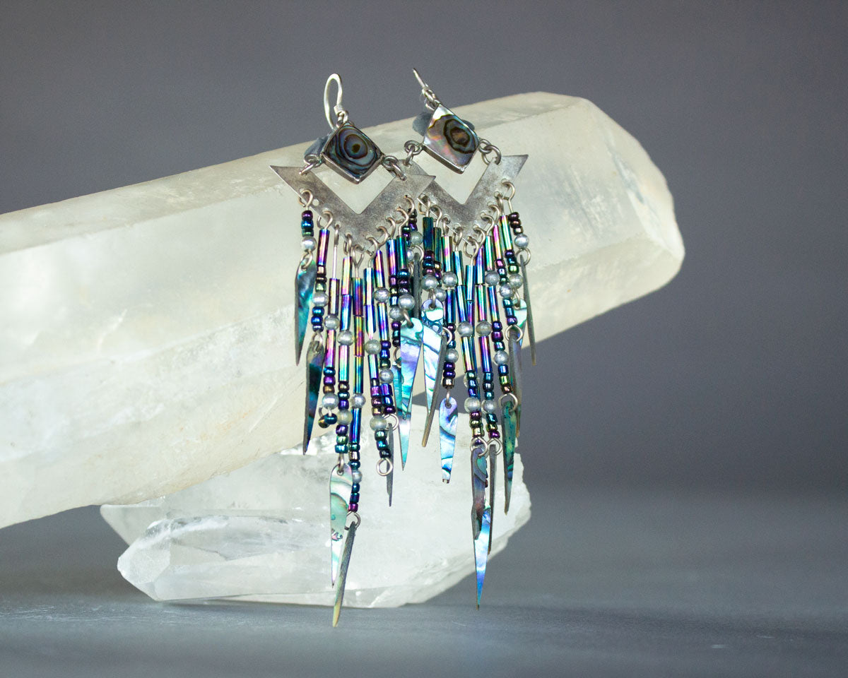 Abalone and silver dangle earrings geometric design