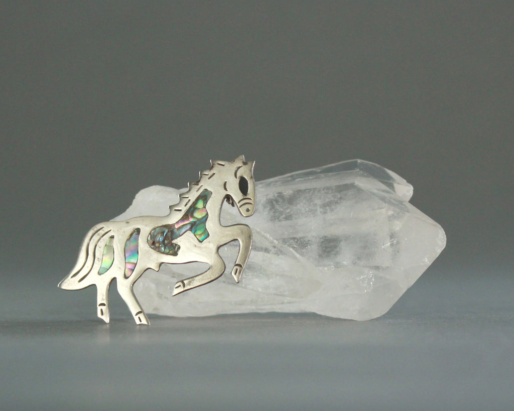 rearing horse abalone brooch